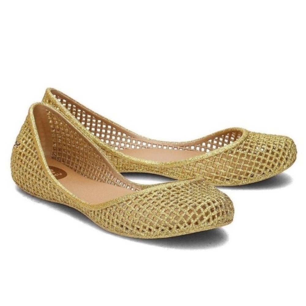 ☀️Zaxy Rubber Gold Glitter “Jelly” Flats☀️